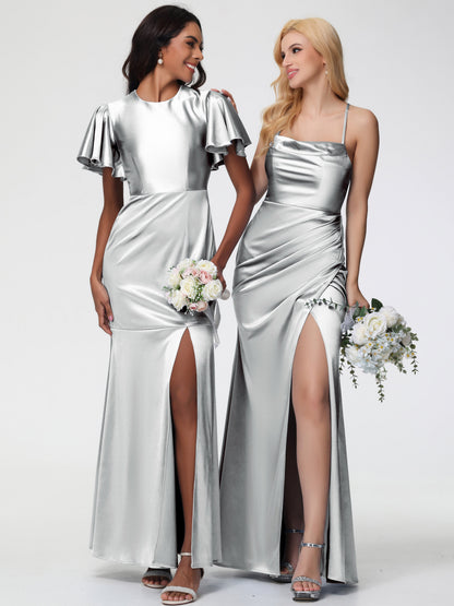 Bridesmaid Dress Silver Sleeveless Cowl Spaghetti Straps Trumpet/Mermaid Split Stretch Satin Bridesmaid Dresses