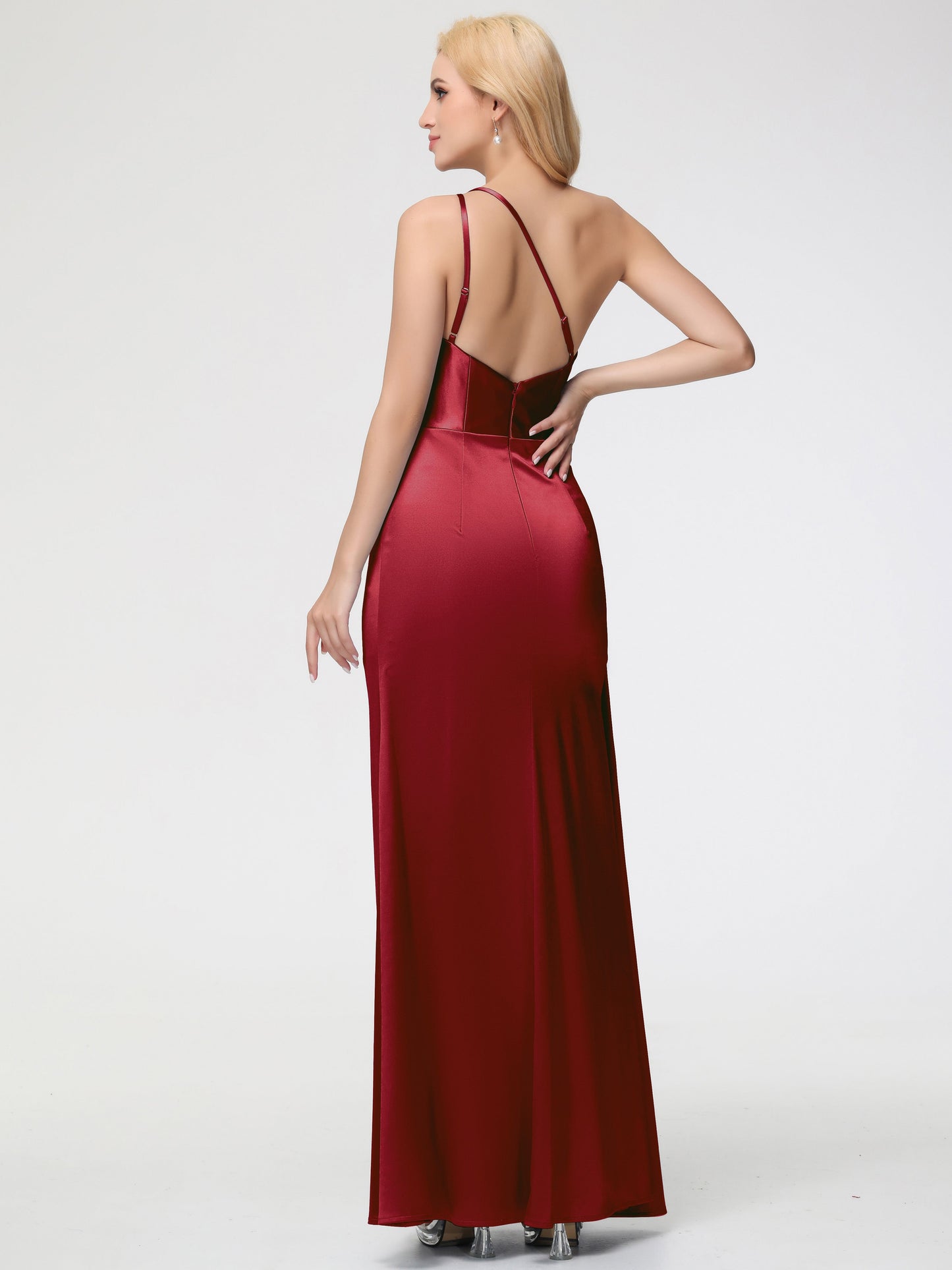Burgundy Bridesmaid Dresses Trumpet/Mermaid One Shoulder Sleeveless Pleats Stretch Satin Bridesmaid Dresses With Split