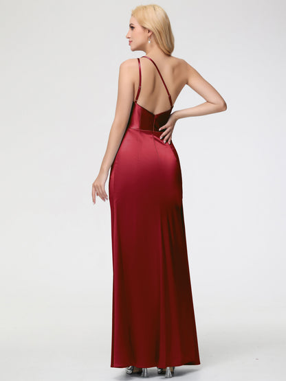 Burgundy Bridesmaid Dresses Trumpet/Mermaid One Shoulder Sleeveless Pleats Stretch Satin Bridesmaid Dresses With Split