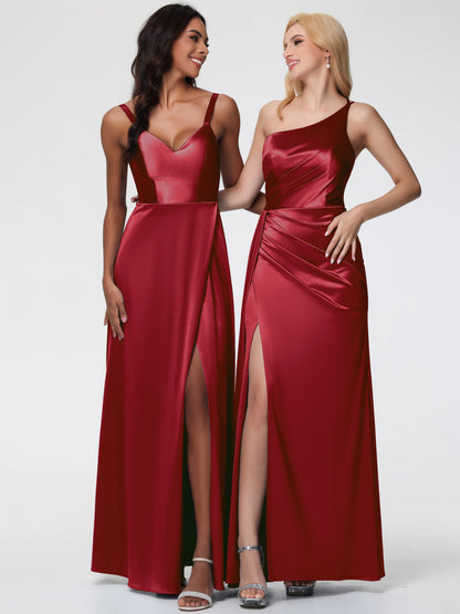 Burgundy Bridesmaid Dresses Trumpet/Mermaid One Shoulder Sleeveless Pleats Stretch Satin Bridesmaid Dresses With Split