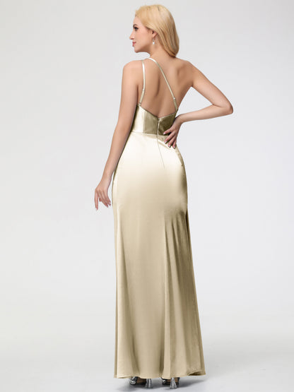 Champagne Dress Bridesmaid Trumpet/Mermaid One Shoulder Sleeveless Pleats Stretch Satin Bridesmaid Dresses With Split