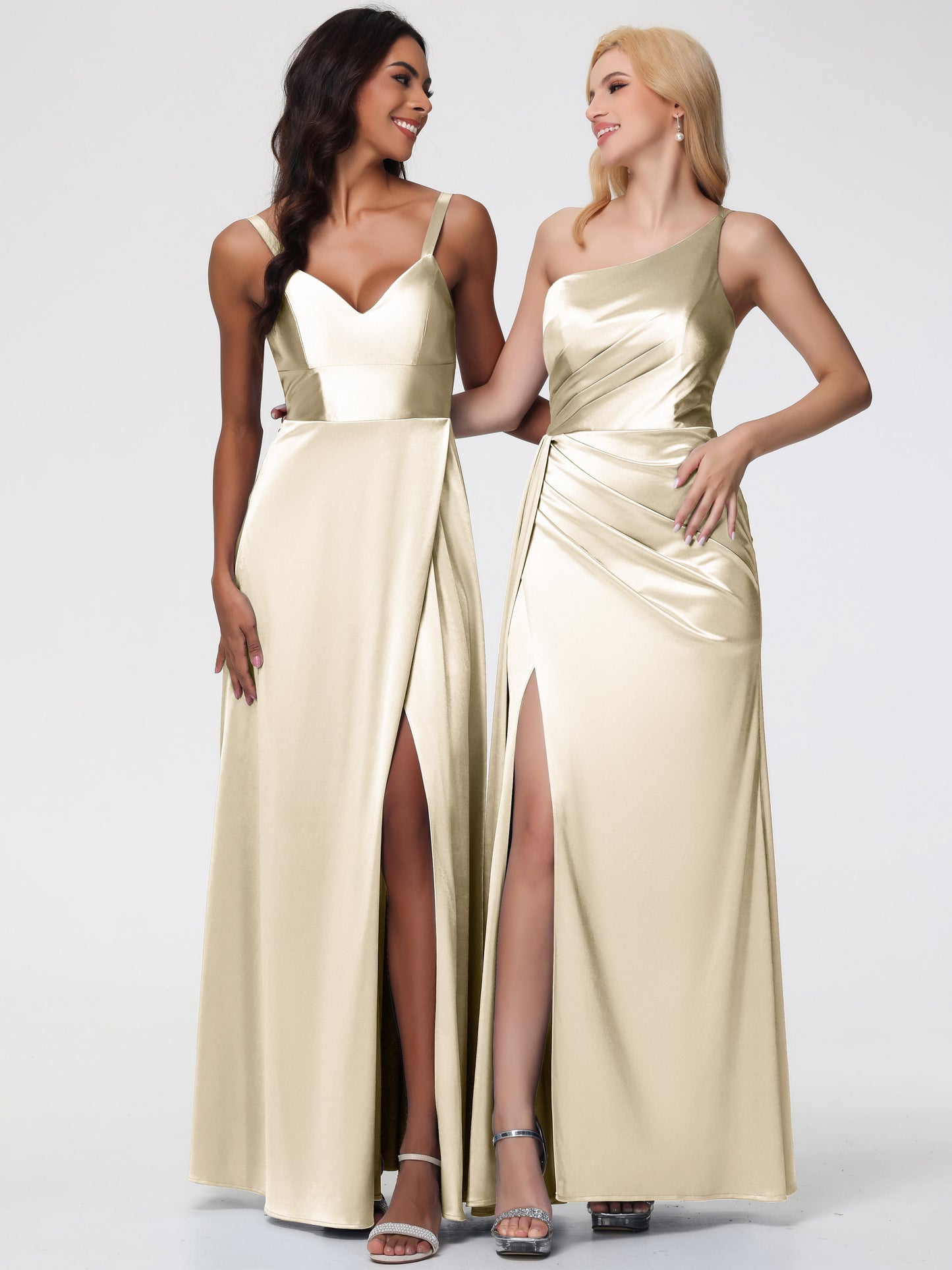 Champagne Dress Bridesmaid Trumpet/Mermaid One Shoulder Sleeveless Pleats Stretch Satin Bridesmaid Dresses With Split