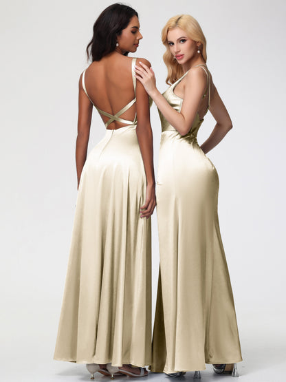 Champagne Dress Bridesmaid Trumpet/Mermaid One Shoulder Sleeveless Pleats Stretch Satin Bridesmaid Dresses With Split