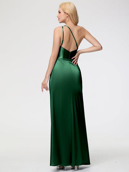 Dark Green Dress Bridesmaid Trumpet/Mermaid One Shoulder Sleeveless Pleats Stretch Satin Bridesmaid Dresses With Split