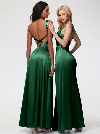 Dark Green Dress Bridesmaid Trumpet/Mermaid One Shoulder Sleeveless Pleats Stretch Satin Bridesmaid Dresses With Split