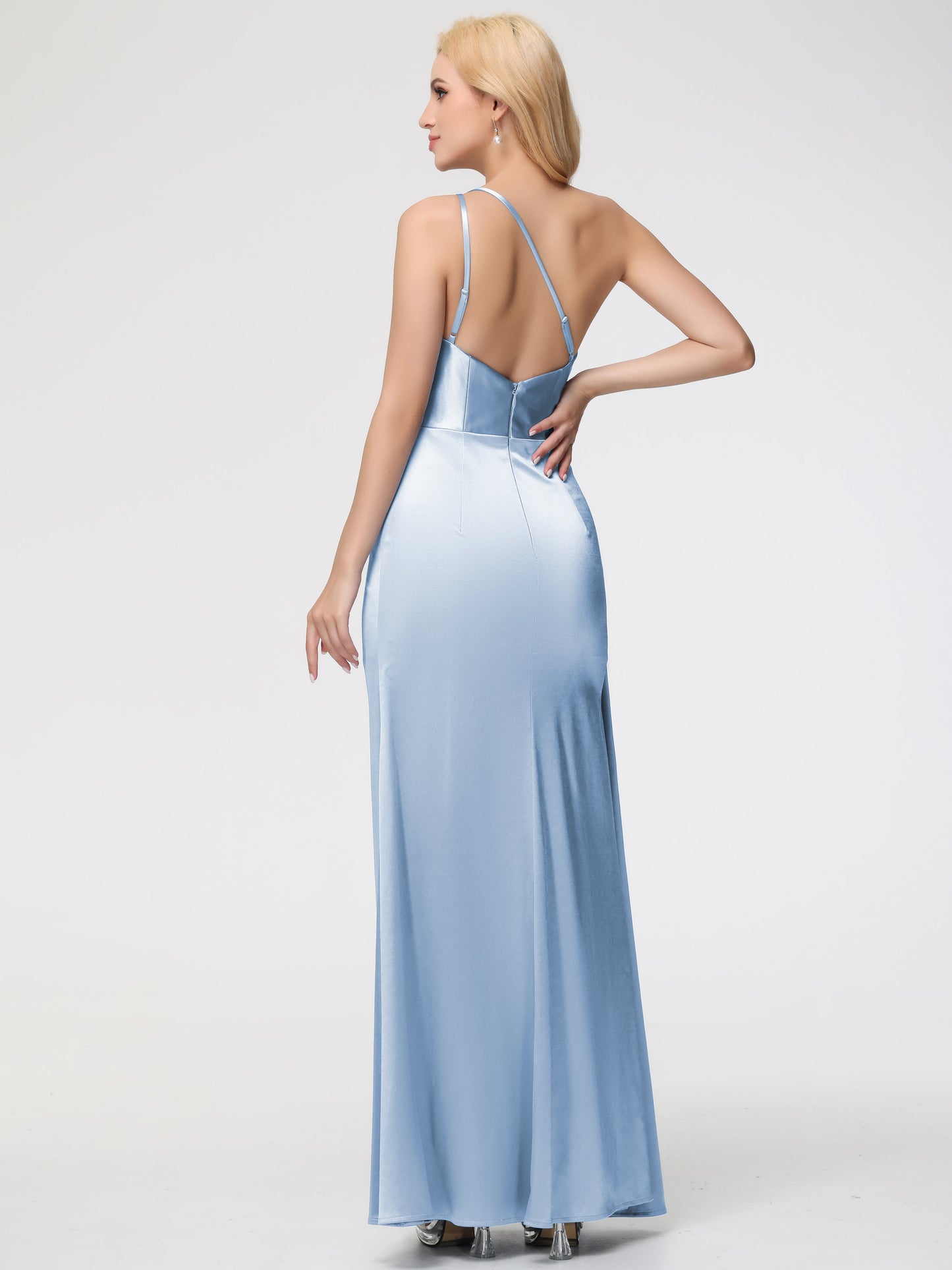 Bridesmaids Dresses Sky Blue Trumpet/Mermaid One Shoulder Sleeveless Pleats Stretch Satin Bridesmaid Dresses With Split