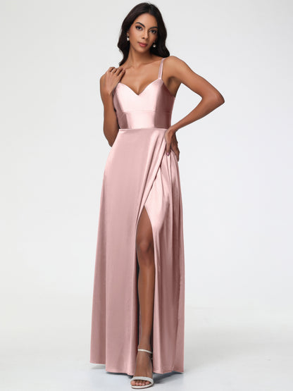 Rose Gold Dusty Rose Bridesmaid Dresses A-Line V-Neck Straps Long Stretch Satin Bridesmaid Dresses With Split