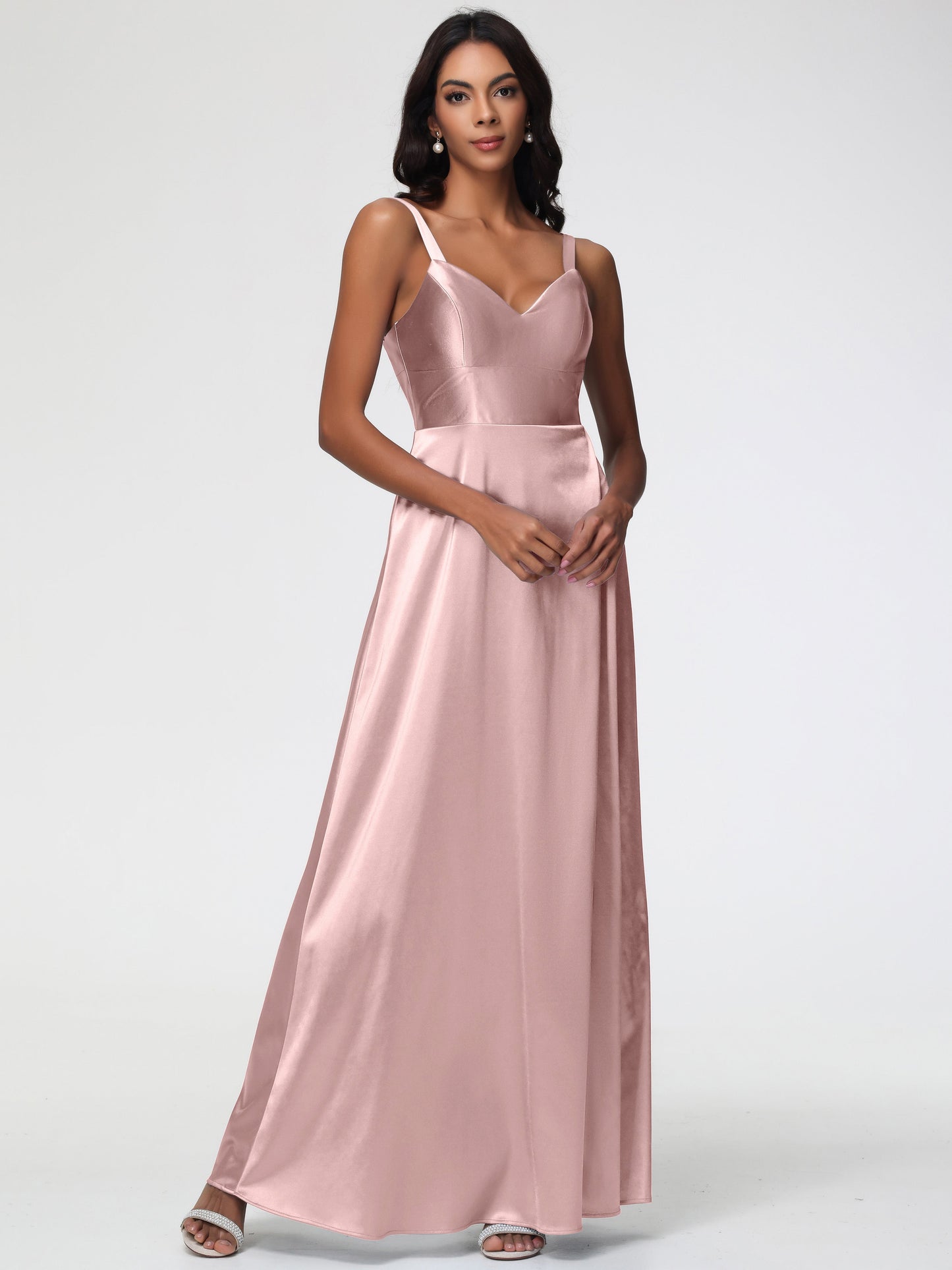 Rose Gold Dusty Rose Bridesmaid Dresses A-Line V-Neck Straps Long Stretch Satin Bridesmaid Dresses With Split