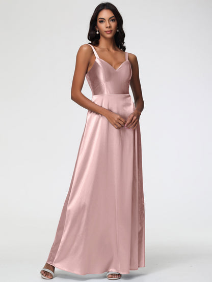 Rose Gold Dusty Rose Bridesmaid Dresses A-Line V-Neck Straps Long Stretch Satin Bridesmaid Dresses With Split