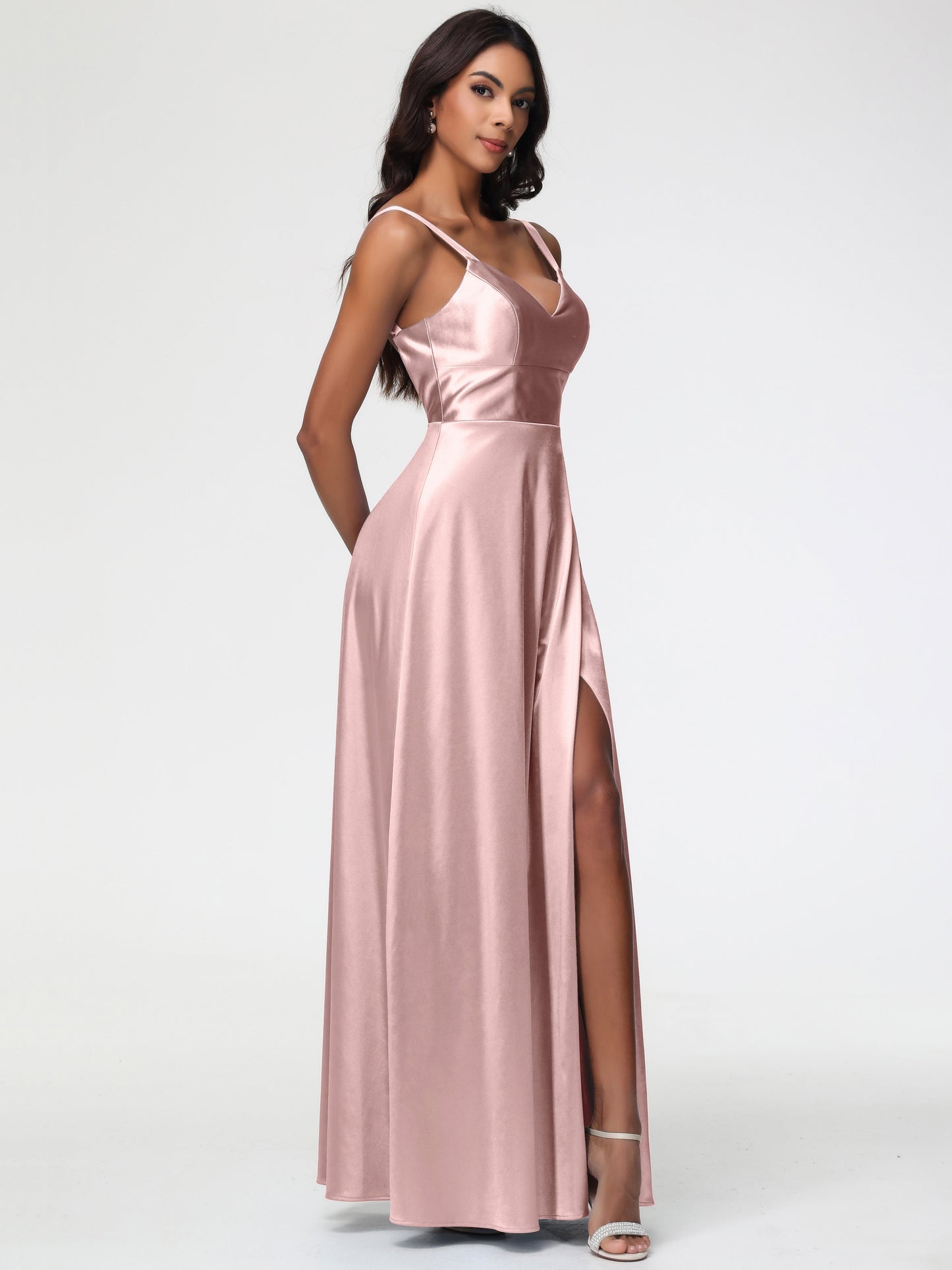 Rose Gold Dusty Rose Bridesmaid Dresses A-Line V-Neck Straps Long Stretch Satin Bridesmaid Dresses With Split