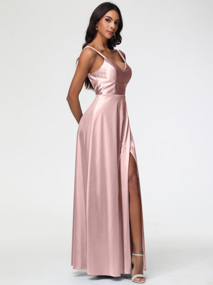 Rose Gold Dusty Rose Bridesmaid Dresses A-Line V-Neck Straps Long Stretch Satin Bridesmaid Dresses With Split