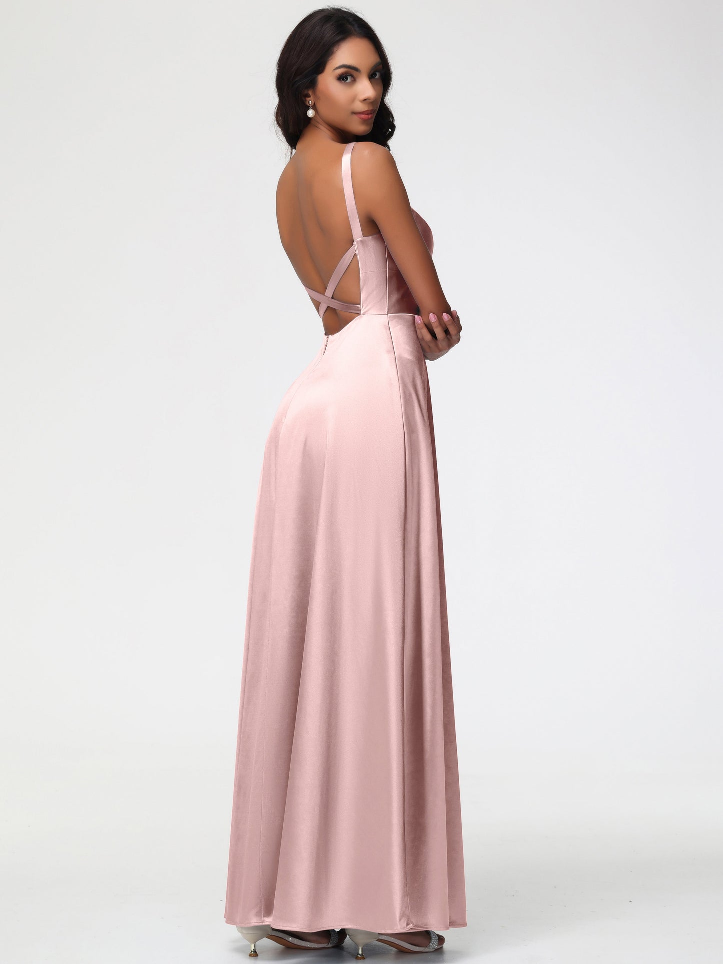 Rose Gold Dusty Rose Bridesmaid Dresses A-Line V-Neck Straps Long Stretch Satin Bridesmaid Dresses With Split