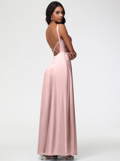 Rose Gold Dusty Rose Bridesmaid Dresses A-Line V-Neck Straps Long Stretch Satin Bridesmaid Dresses With Split