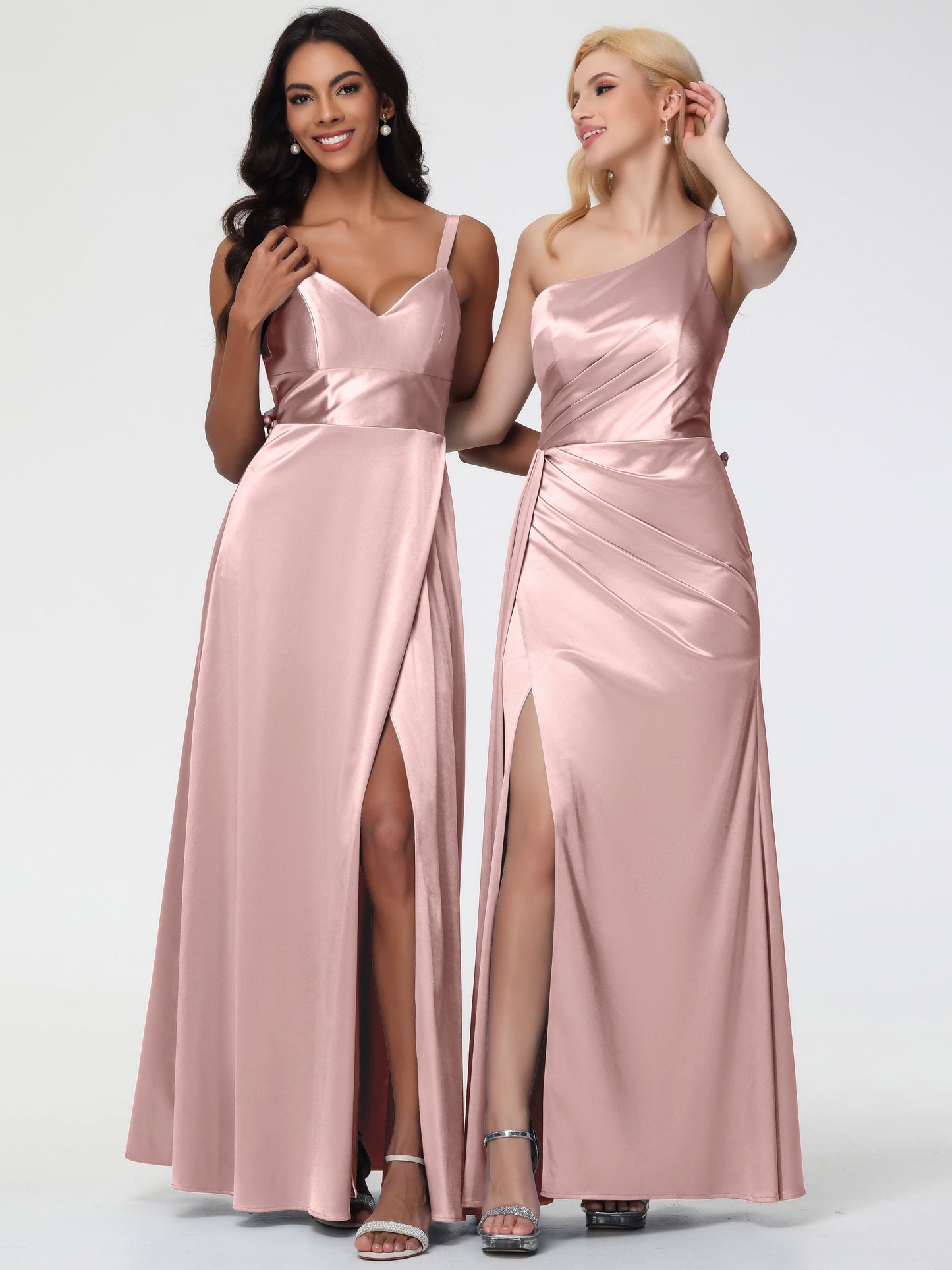 Rose Gold Dusty Rose Bridesmaid Dresses A-Line V-Neck Straps Long Stretch Satin Bridesmaid Dresses With Split