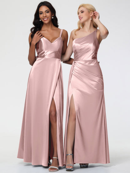 Rose Gold Dusty Rose Bridesmaid Dresses A-Line V-Neck Straps Long Stretch Satin Bridesmaid Dresses With Split