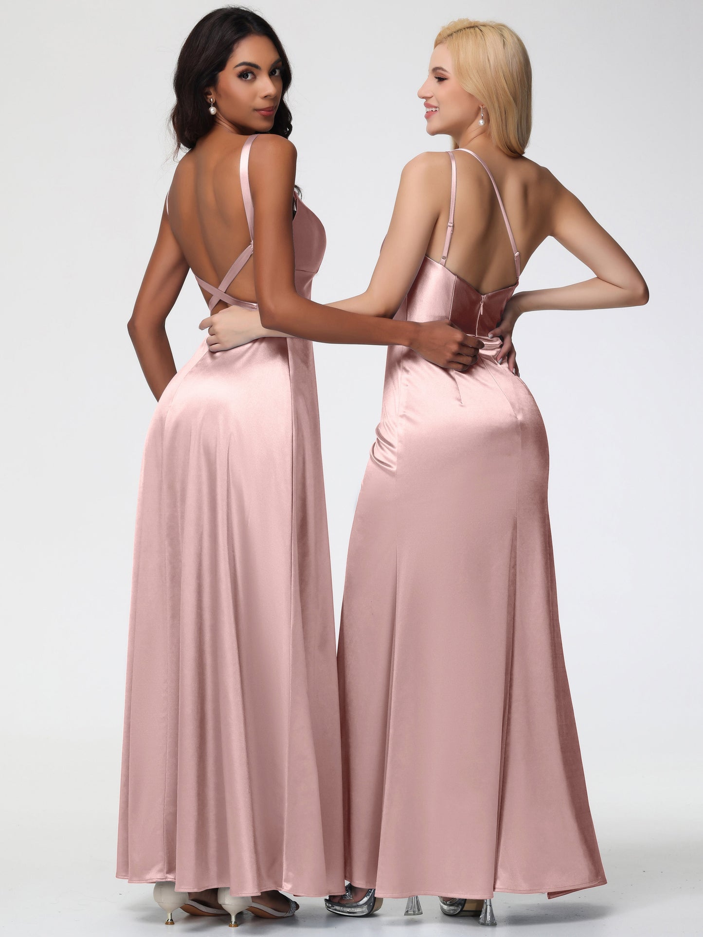 Rose Gold Dusty Rose Bridesmaid Dresses A-Line V-Neck Straps Long Stretch Satin Bridesmaid Dresses With Split