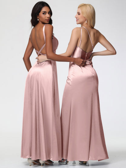 Rose Gold Dusty Rose Bridesmaid Dresses A-Line V-Neck Straps Long Stretch Satin Bridesmaid Dresses With Split