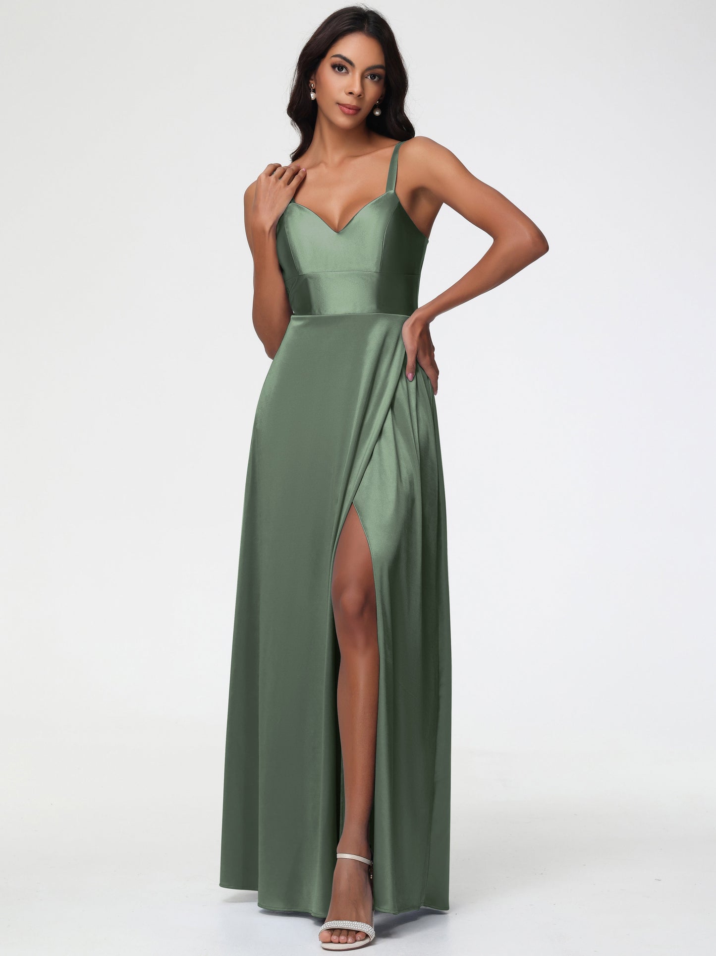 Olive Green Bridesmaids Dresses A-Line V-Neck Straps Long Stretch Satin Bridesmaid Dresses With Split