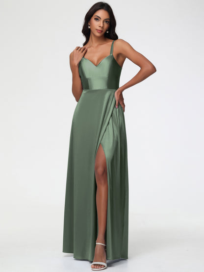 Olive Green Bridesmaids Dresses A-Line V-Neck Straps Long Stretch Satin Bridesmaid Dresses With Split