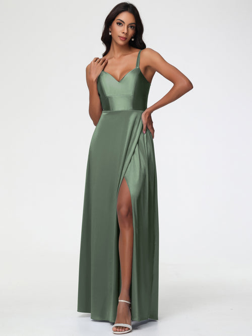 Olive Green Bridesmaids Dresses A-Line V-Neck Straps Long Stretch Satin Bridesmaid Dresses With Split