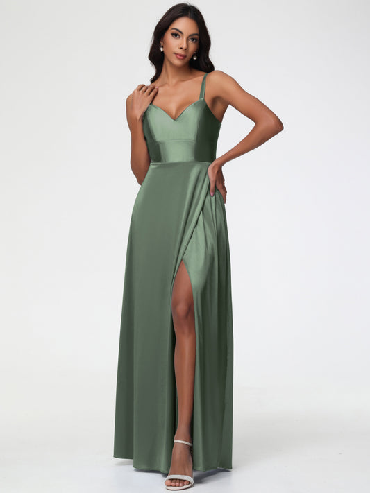 Olive Green Bridesmaids Dresses A-Line V-Neck Straps Long Stretch Satin Bridesmaid Dresses With Split