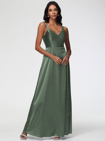 Olive Green Bridesmaids Dresses A-Line V-Neck Straps Long Stretch Satin Bridesmaid Dresses With Split