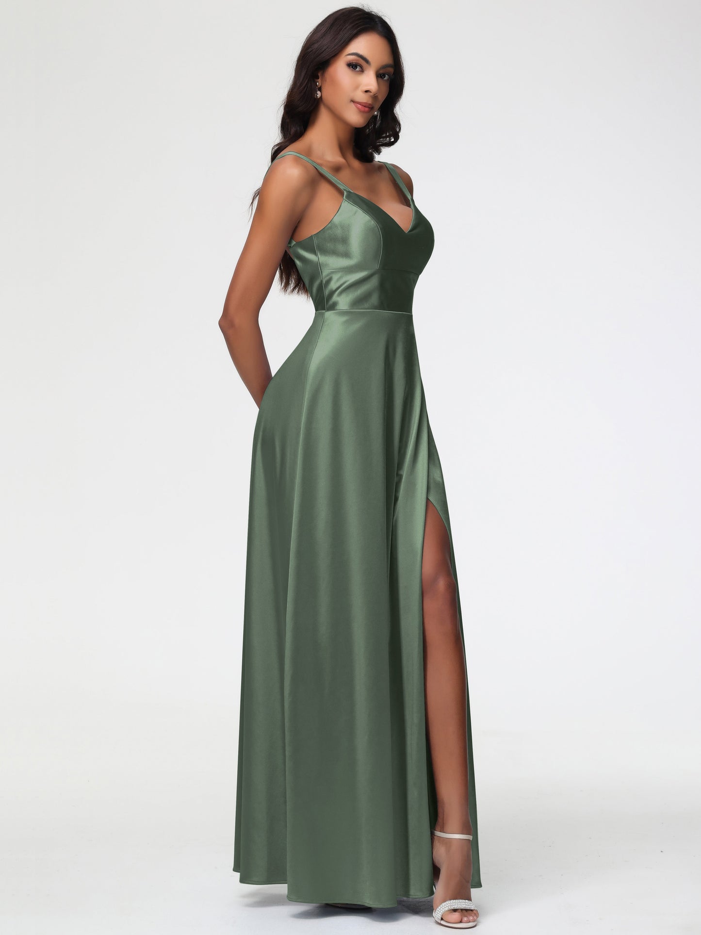 Olive Green Bridesmaids Dresses A-Line V-Neck Straps Long Stretch Satin Bridesmaid Dresses With Split