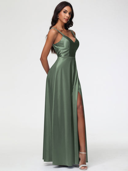 Olive Green Bridesmaids Dresses A-Line V-Neck Straps Long Stretch Satin Bridesmaid Dresses With Split