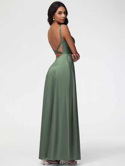 Olive Green Bridesmaids Dresses A-Line V-Neck Straps Long Stretch Satin Bridesmaid Dresses With Split
