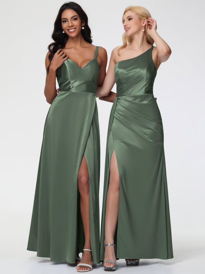 Olive Green Bridesmaids Dresses A-Line V-Neck Straps Long Stretch Satin Bridesmaid Dresses With Split