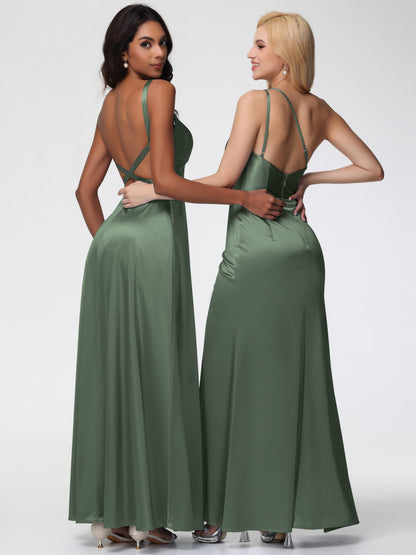 Olive Green Bridesmaids Dresses A-Line V-Neck Straps Long Stretch Satin Bridesmaid Dresses With Split