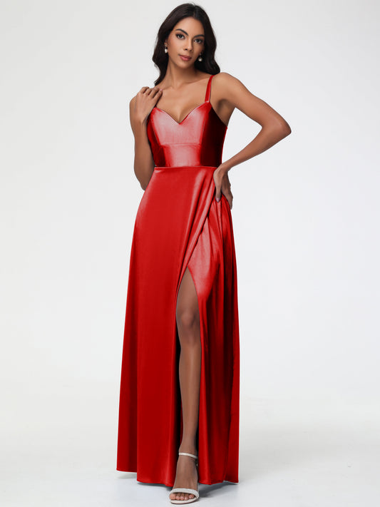 Red Bridesmaid Dress A-Line V-Neck Straps Long Stretch Satin Bridesmaid Dresses With Split