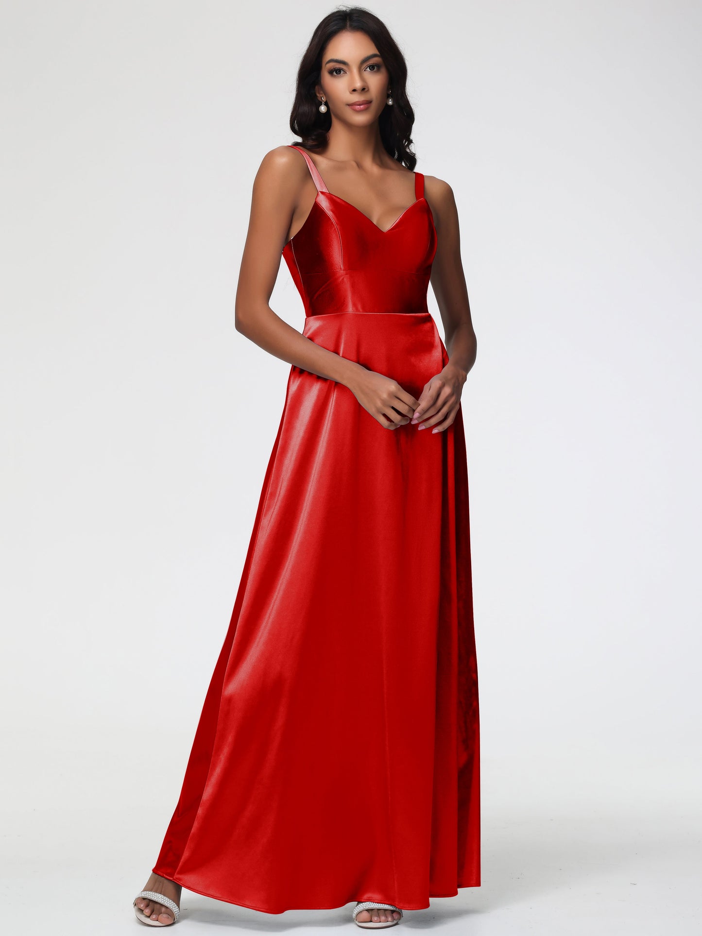 Red Bridesmaid Dress A-Line V-Neck Straps Long Stretch Satin Bridesmaid Dresses With Split