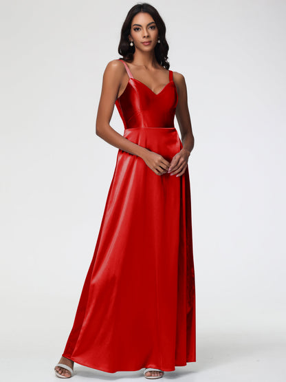 Red Bridesmaid Dress A-Line V-Neck Straps Long Stretch Satin Bridesmaid Dresses With Split