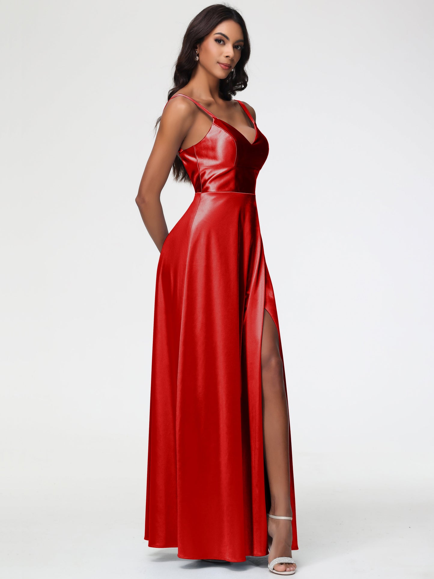 Red Bridesmaid Dress A-Line V-Neck Straps Long Stretch Satin Bridesmaid Dresses With Split