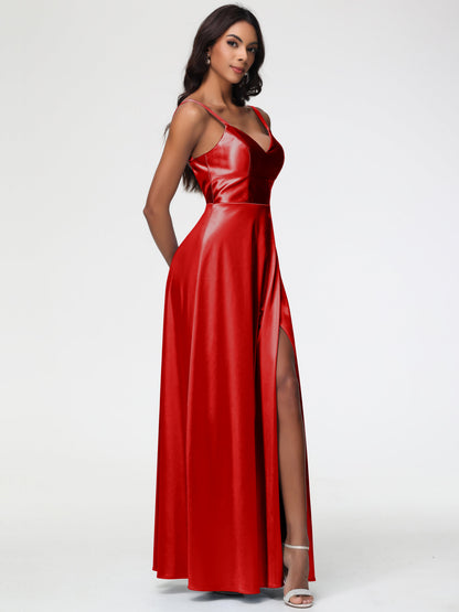 Red Bridesmaid Dress A-Line V-Neck Straps Long Stretch Satin Bridesmaid Dresses With Split