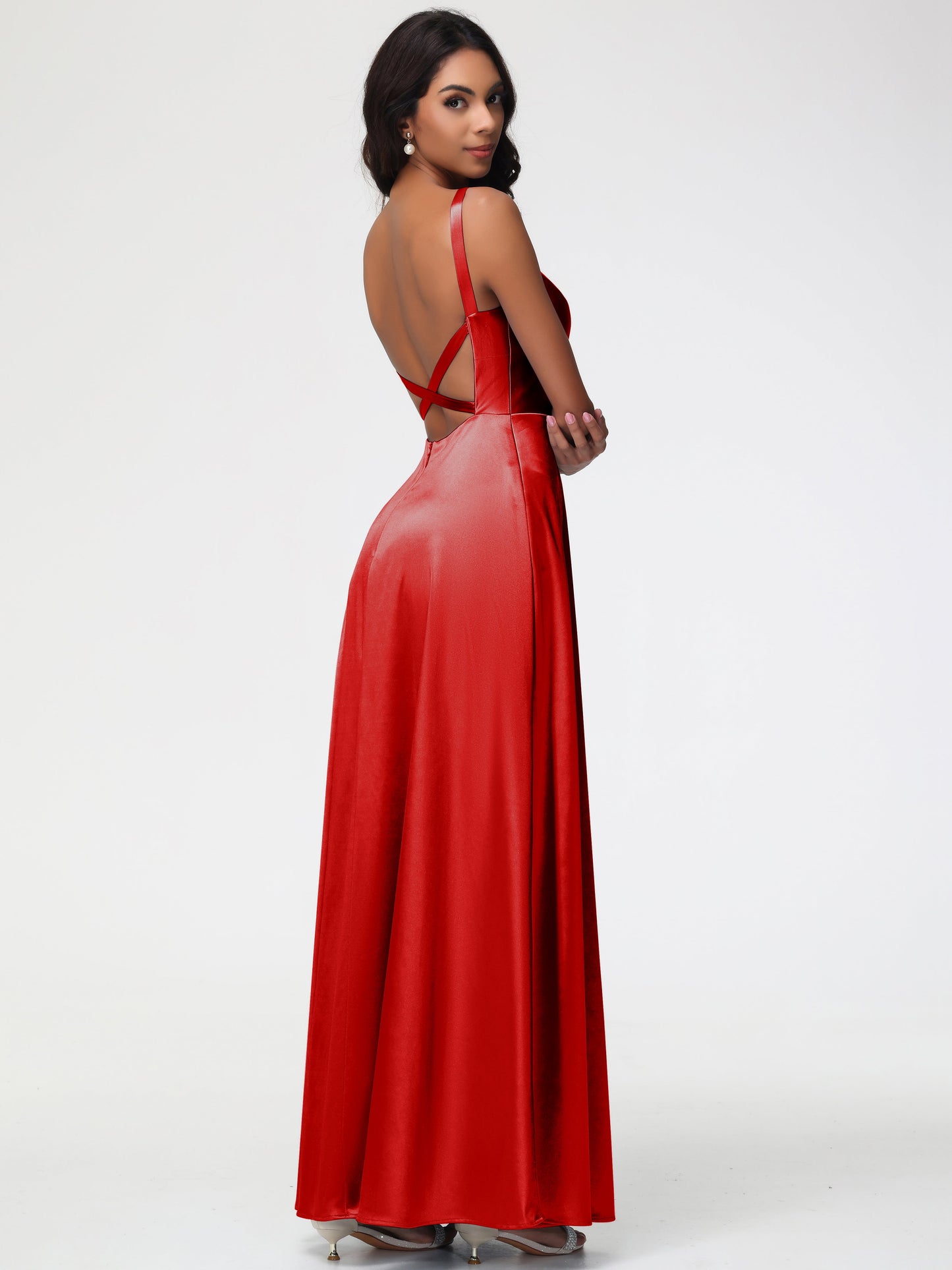Red Bridesmaid Dress A-Line V-Neck Straps Long Stretch Satin Bridesmaid Dresses With Split