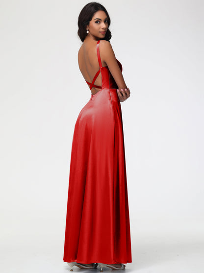 Red Bridesmaid Dress A-Line V-Neck Straps Long Stretch Satin Bridesmaid Dresses With Split