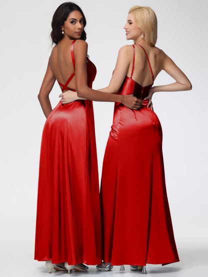 Red Bridesmaid Dress A-Line V-Neck Straps Long Stretch Satin Bridesmaid Dresses With Split