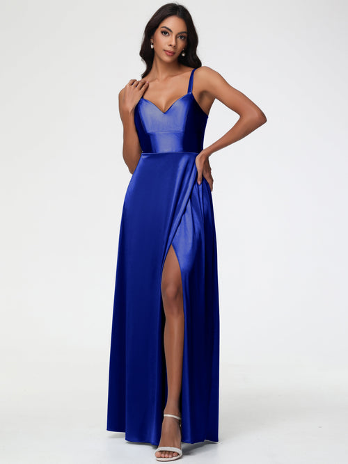 Royal Blue Bridesmaid Dress A-Line V-Neck Straps Long Stretch Satin Bridesmaid Dresses With Split
