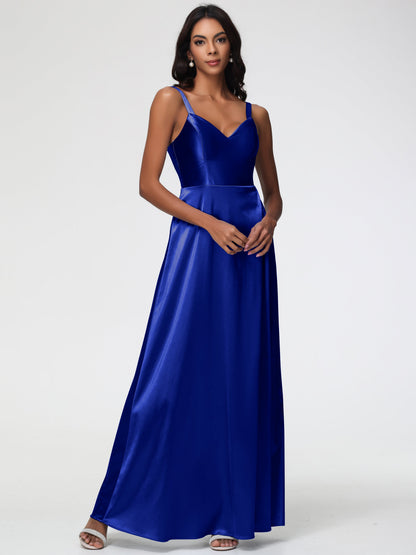 Royal Blue Bridesmaid Dress A-Line V-Neck Straps Long Stretch Satin Bridesmaid Dresses With Split