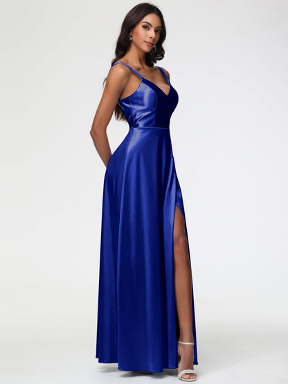 Royal Blue Bridesmaid Dress A-Line V-Neck Straps Long Stretch Satin Bridesmaid Dresses With Split