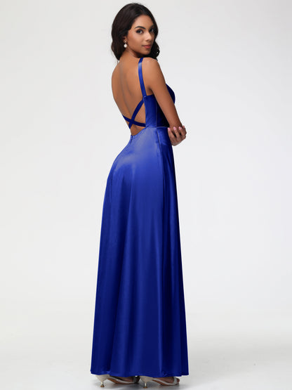 Royal Blue Bridesmaid Dress A-Line V-Neck Straps Long Stretch Satin Bridesmaid Dresses With Split
