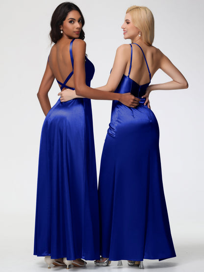 Royal Blue Bridesmaid Dress A-Line V-Neck Straps Long Stretch Satin Bridesmaid Dresses With Split