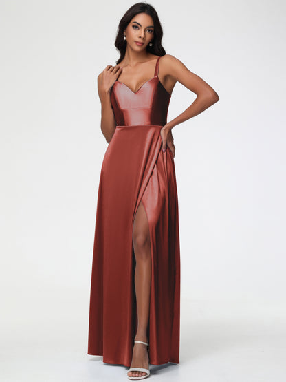 Rust Bridesmaid Dresses A-Line V-Neck Straps Long Stretch Satin Bridesmaid Dresses With Split
