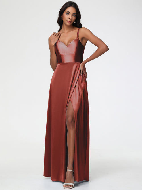 Rust Bridesmaid Dresses A-Line V-Neck Straps Long Stretch Satin Bridesmaid Dresses With Split