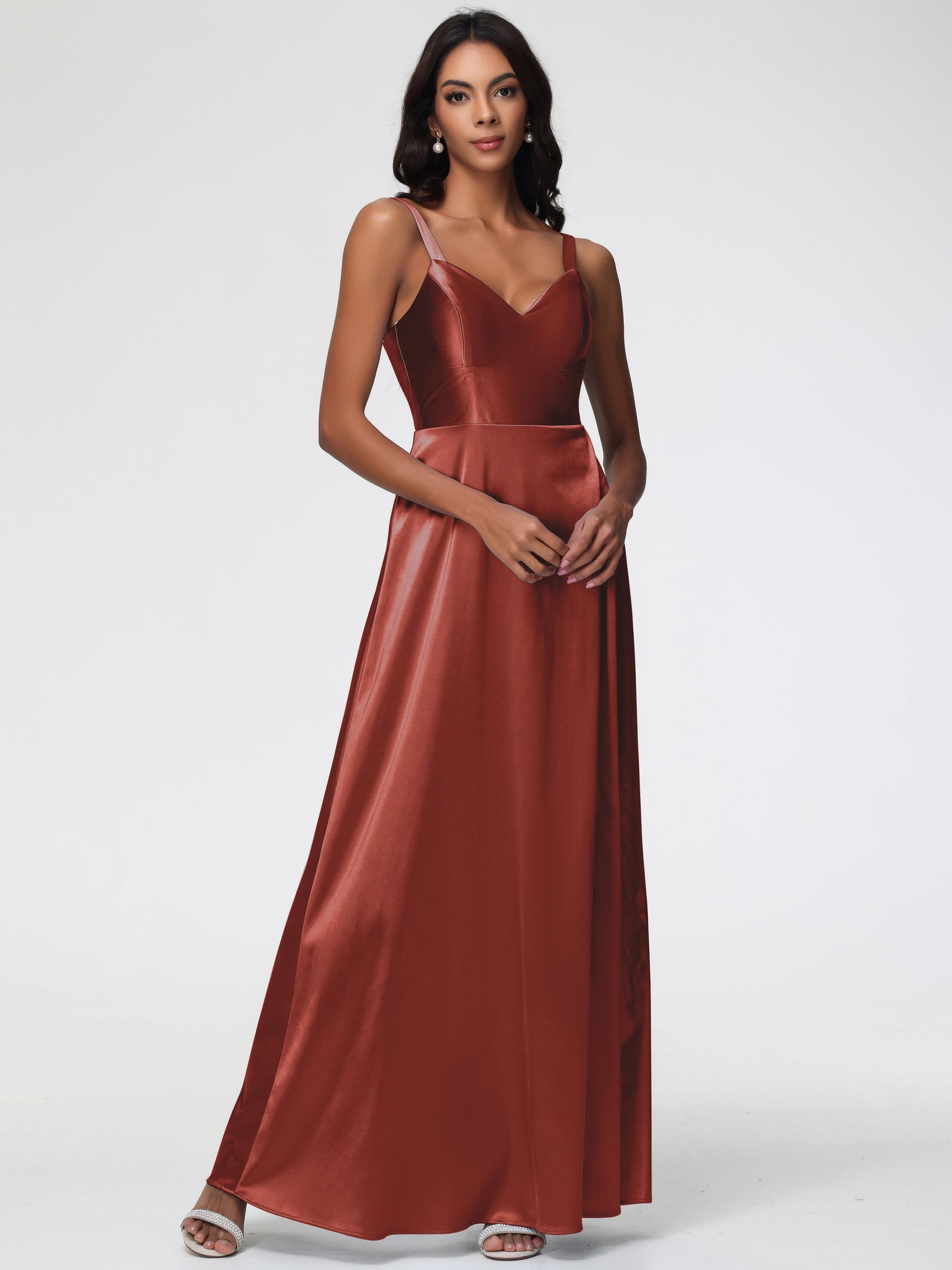 Rust Bridesmaid Dresses A-Line V-Neck Straps Long Stretch Satin Bridesmaid Dresses With Split