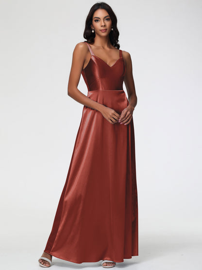 Rust Bridesmaid Dresses A-Line V-Neck Straps Long Stretch Satin Bridesmaid Dresses With Split