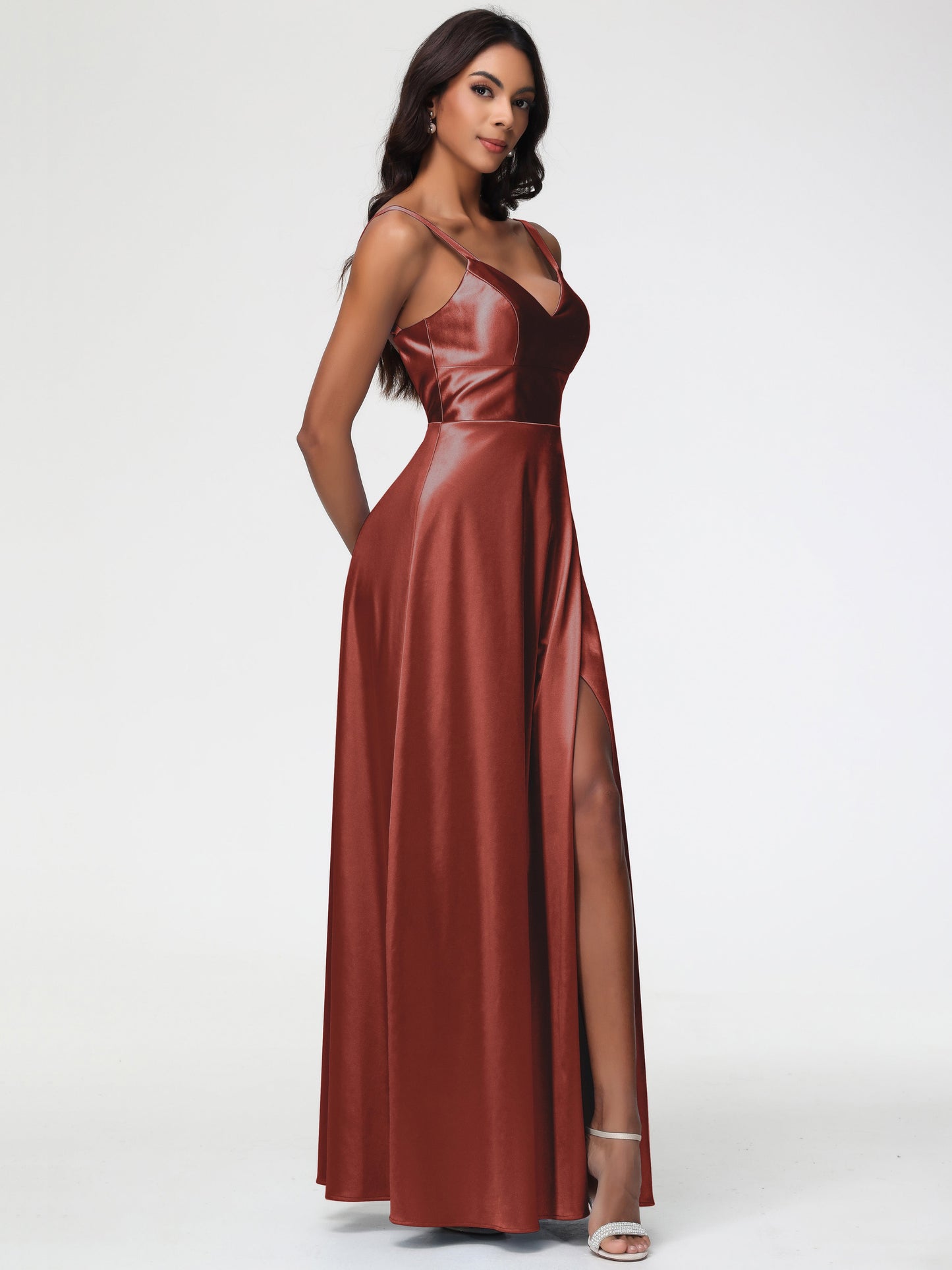 Rust Bridesmaid Dresses A-Line V-Neck Straps Long Stretch Satin Bridesmaid Dresses With Split