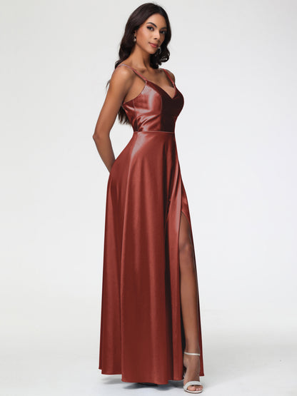 Rust Bridesmaid Dresses A-Line V-Neck Straps Long Stretch Satin Bridesmaid Dresses With Split